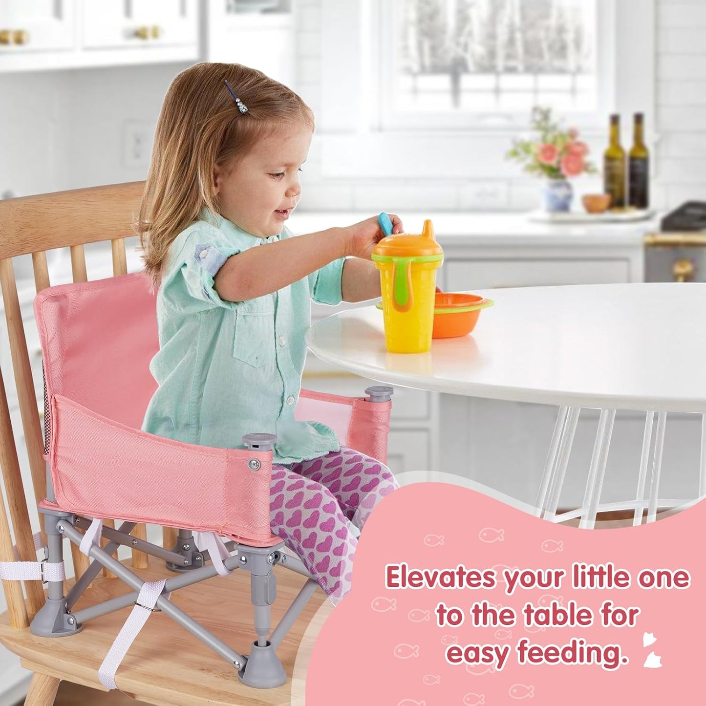 Portable Baby Booster Seat with Tray, Toddler Booster seat for Dining, Camping, Travel, Baby Beach Chair 6 Months to 3 Years Old Indoor Outdoor Use Pink