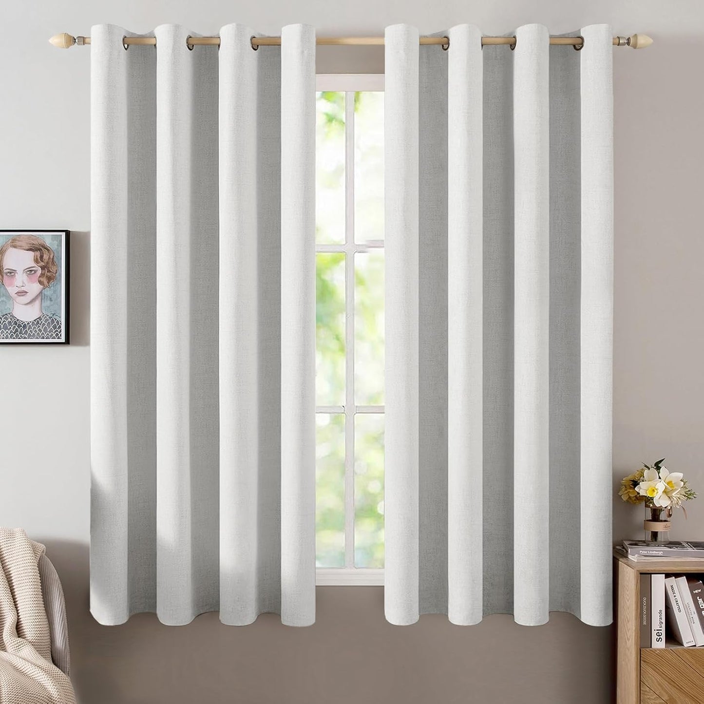 MIULEE Linen Textured Curtains for Bedroom Solid 100% Blackout Thermal Insulated Heathered White Grommet Room Darkening Curtains & Drapes Luxury Decor for Living Room Nursery 52 x 63 Inch (2 Panels)