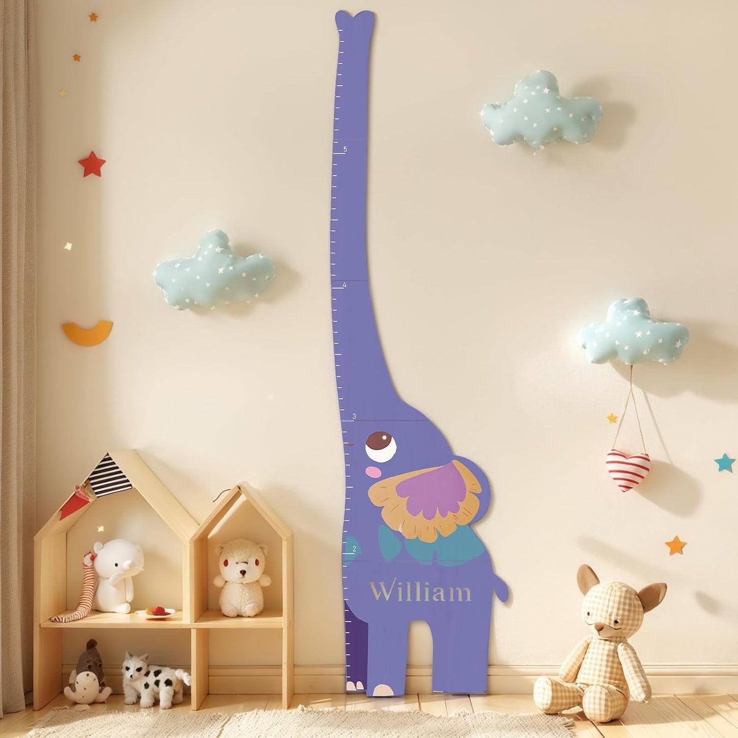 Personalized Name Growth Chart for Kids, Elephant Patchwork Wooden Height Chart for Wall Decor, Baby Boy Girl Measurement Ruler for Room 63" x 15.7"