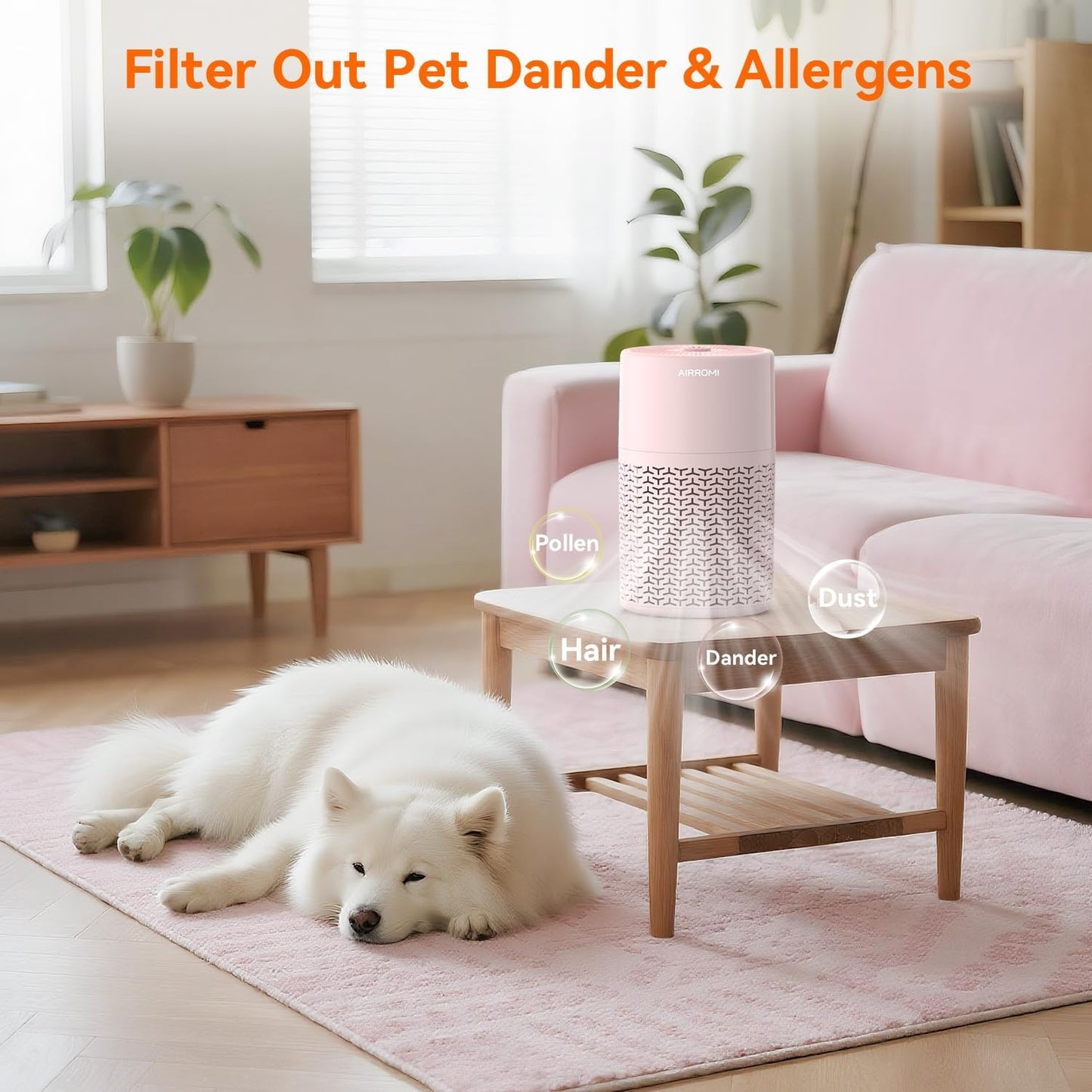 AIRROMI Pets Air Purifier for Home Allergies,Up to 660 ft².Yellow Deodorizing Activated Carbon Filter,With Fragrance Sponge for Better Sleep,Night Light,Pet Dander,Smoke,Odors,Air Cleaner A2002 Pink