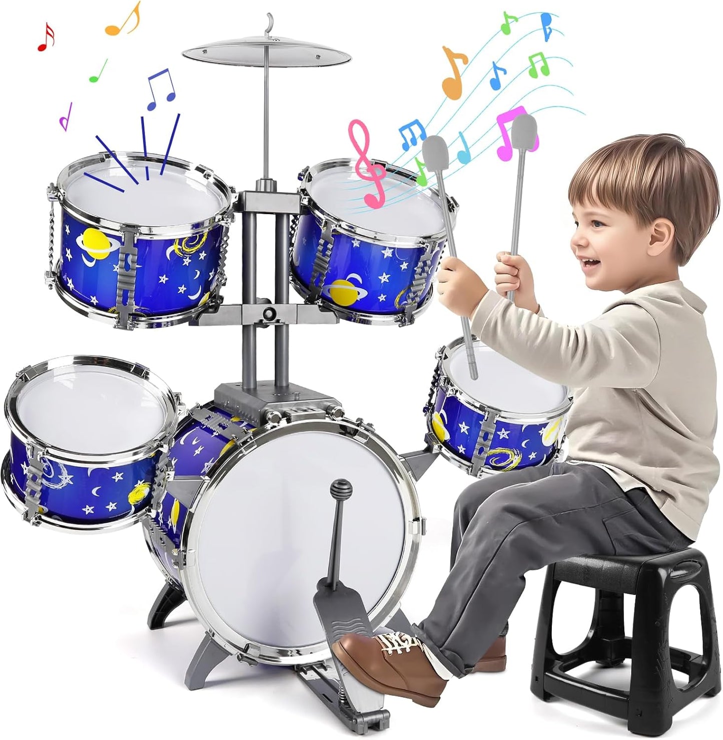 M SANMERSEN Upgraded Kids Jazz Drum Set Toddler Toy Drum Set with Stool, Plastic Rock Jazz Drum Kit Musical Toys Gift for Boys Girls 1-3 3-5