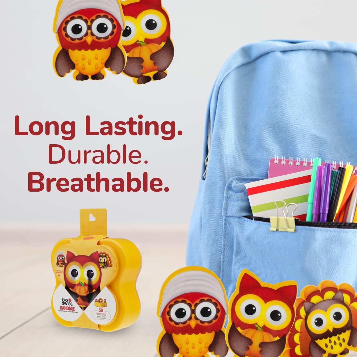 BioSwiss Bandages, Thanksgiving Shaped Self Adhesive Bandage, Latex Free Sterile Wound Care, Fun First Aid Kit Supplies for Kids and Adults, 50 Count