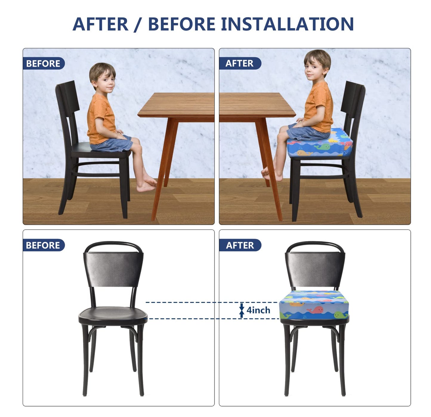 Toddler Booster Seat for Dining Table, 4inch Toddler Cushion, Portable Booster Seats Baby, Adjustable Kids Chair Heightening Booster, Washable Chair Seat Pad Mat for Kids. (Blue)