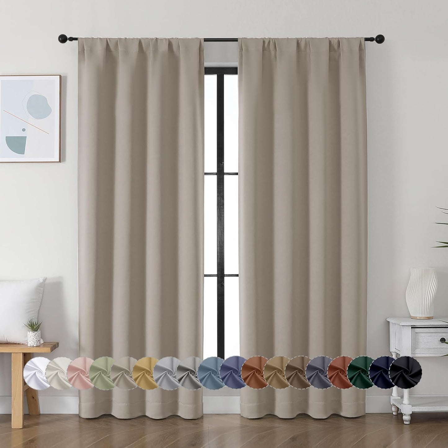 Simplebrand Ava Stone Blackout Curtains for Bedroom 72 Inch Length 2 Panels Set, Privacy Thermal Insulated Rod Pocket Door Window Curtains for Patio French Door Front Door, W40 x L72 Inch, Stone
