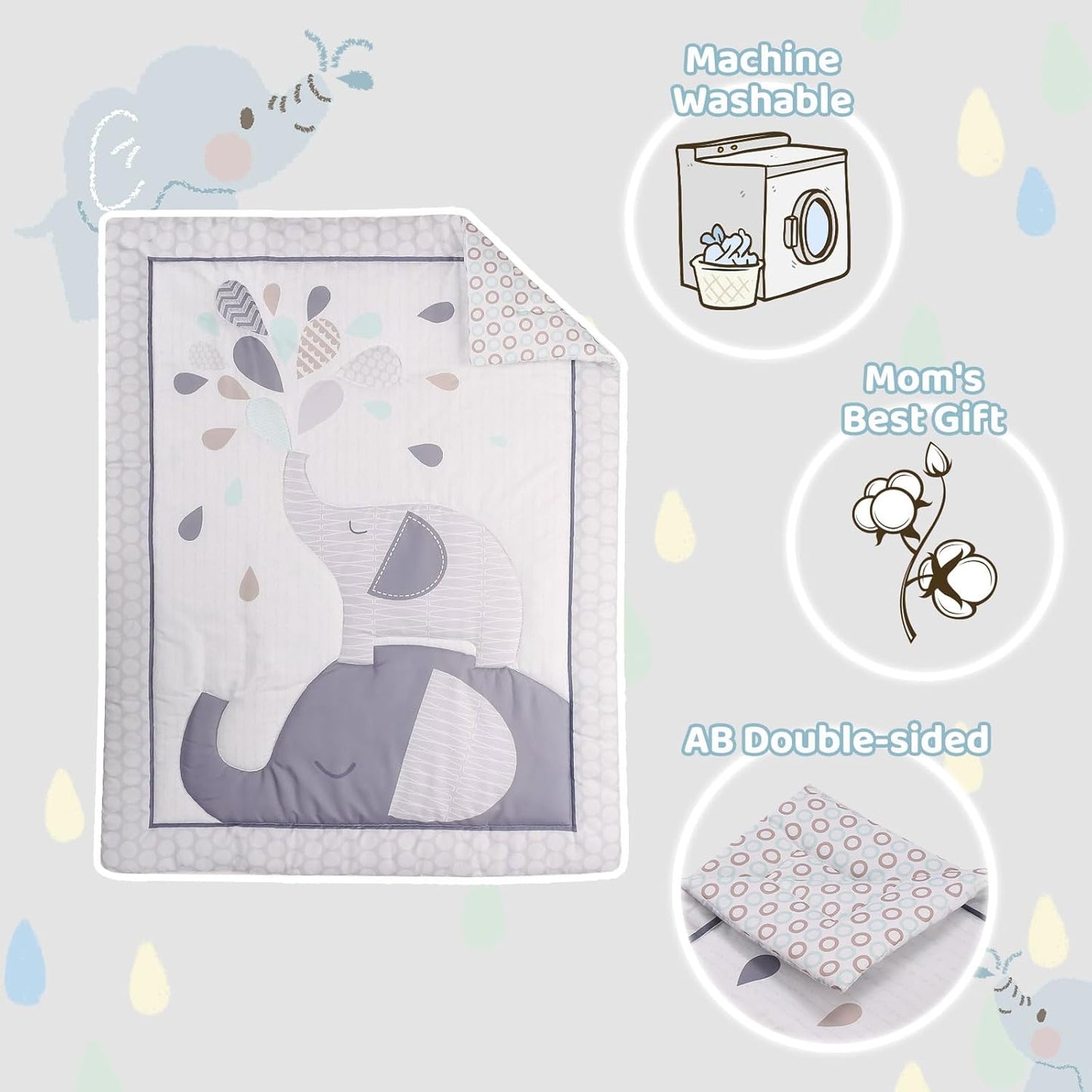 Wowelife Mini Crib Bedding Set for Boys, Premium 3-Piece Elephant Baby Bedding Set Elephant, Baby Nursery Comforter Bed Set with Crib Comforter, Skirt and Sheet, Gray