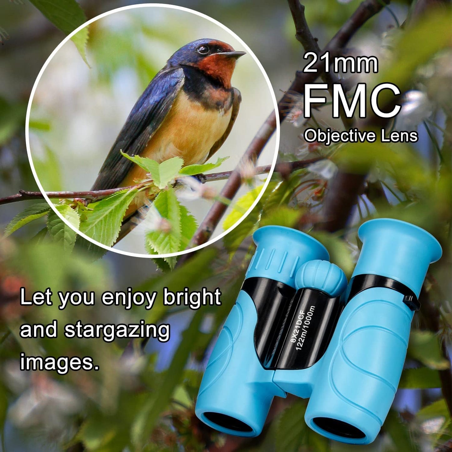 Binoculars for Kids 8x21, Gift for 3-12 Years Boys & Girls, Compact Kids Binoculars High-Resolution Shockproof Mini Binoculars for Bird Watching, Hiking, Camping, Travel Blue 302