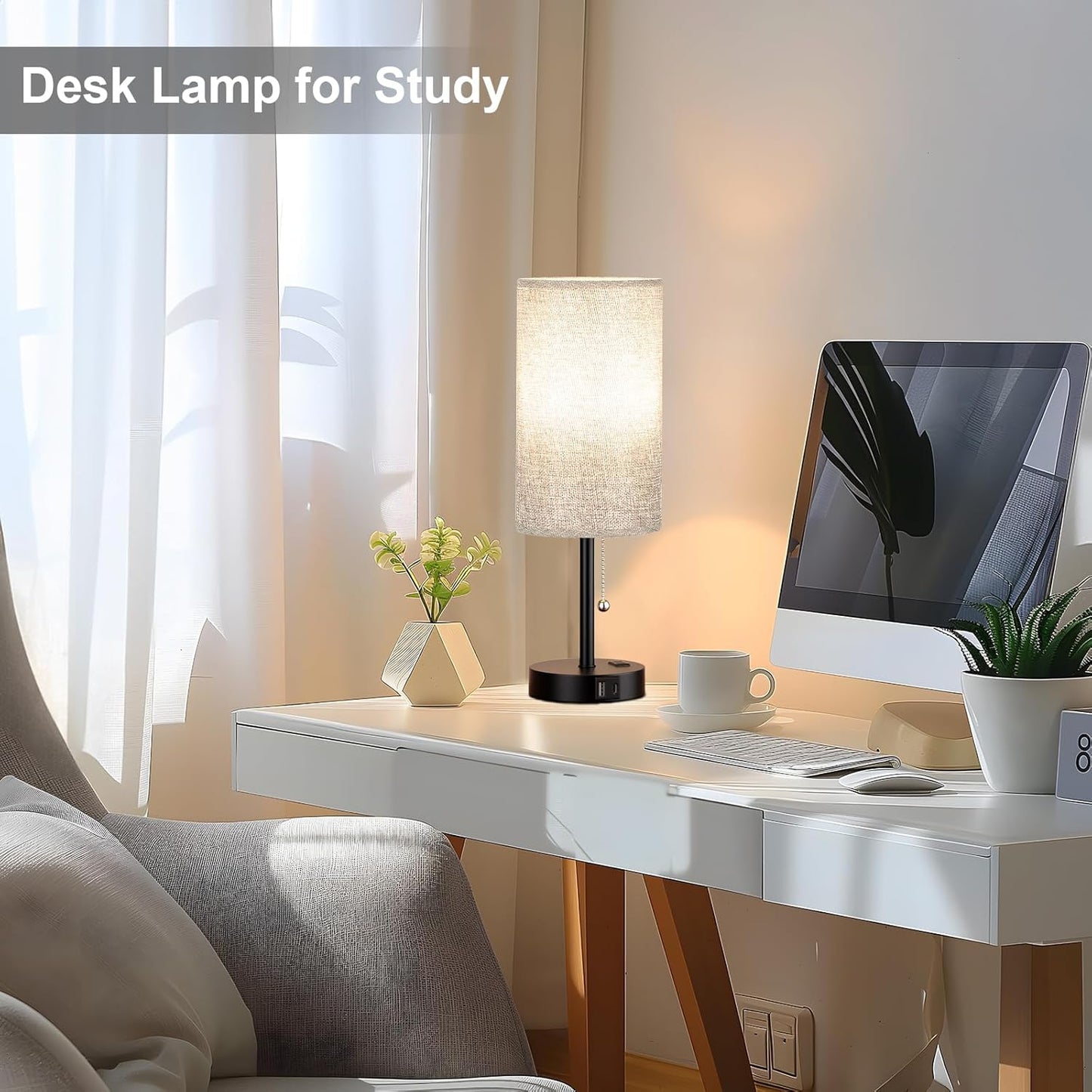 17.4Inches Grey Bedside Lamp for Bedroom Nightstand - Tall Table Lamp with USB A + C Charging Port & AC Outlet, 3 Color Temperatures Pull Chain Light, Side Table Desk Reading Lamp for Living Room