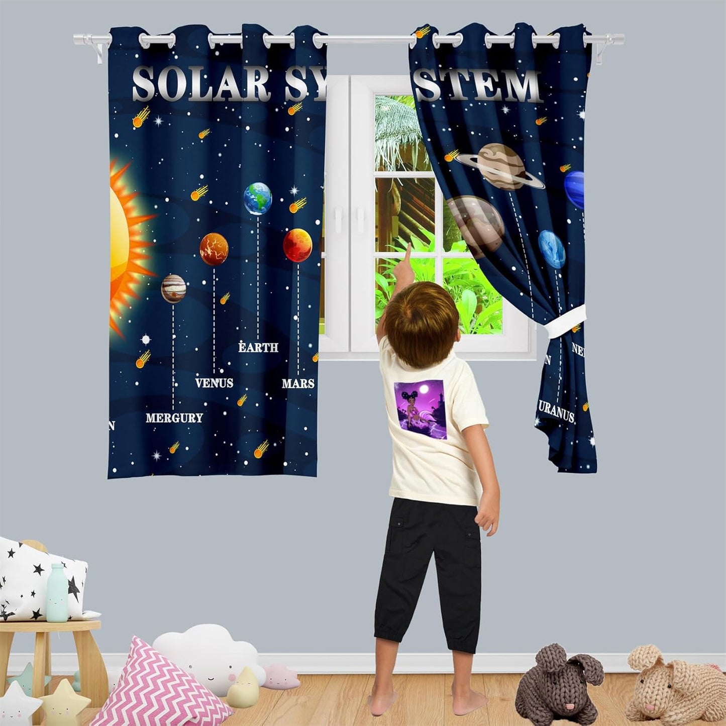 Outer Space Curtains for Boys - 2Pcs 82" x 63" Solar System Print Curtain Panels for Boys Bedroom Planets Galaxy 95% Blackout Grommet Top Window Drapes for Living Room