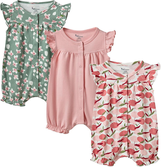 3-pack 100% Cotton Baby Girl Rompers, 0-24 months Ruffle Sleeve Toddler Romper Summer Clothes Set