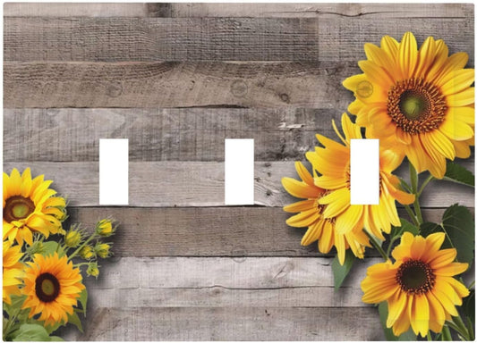 Sunflower Rustic Brown Gray Wood Decorative Switch Plates 3 Gang Wall Plate Triple Toggle Light Switch Cover Faceplate Electrical Wall Panels for Farmhouse Home Decor