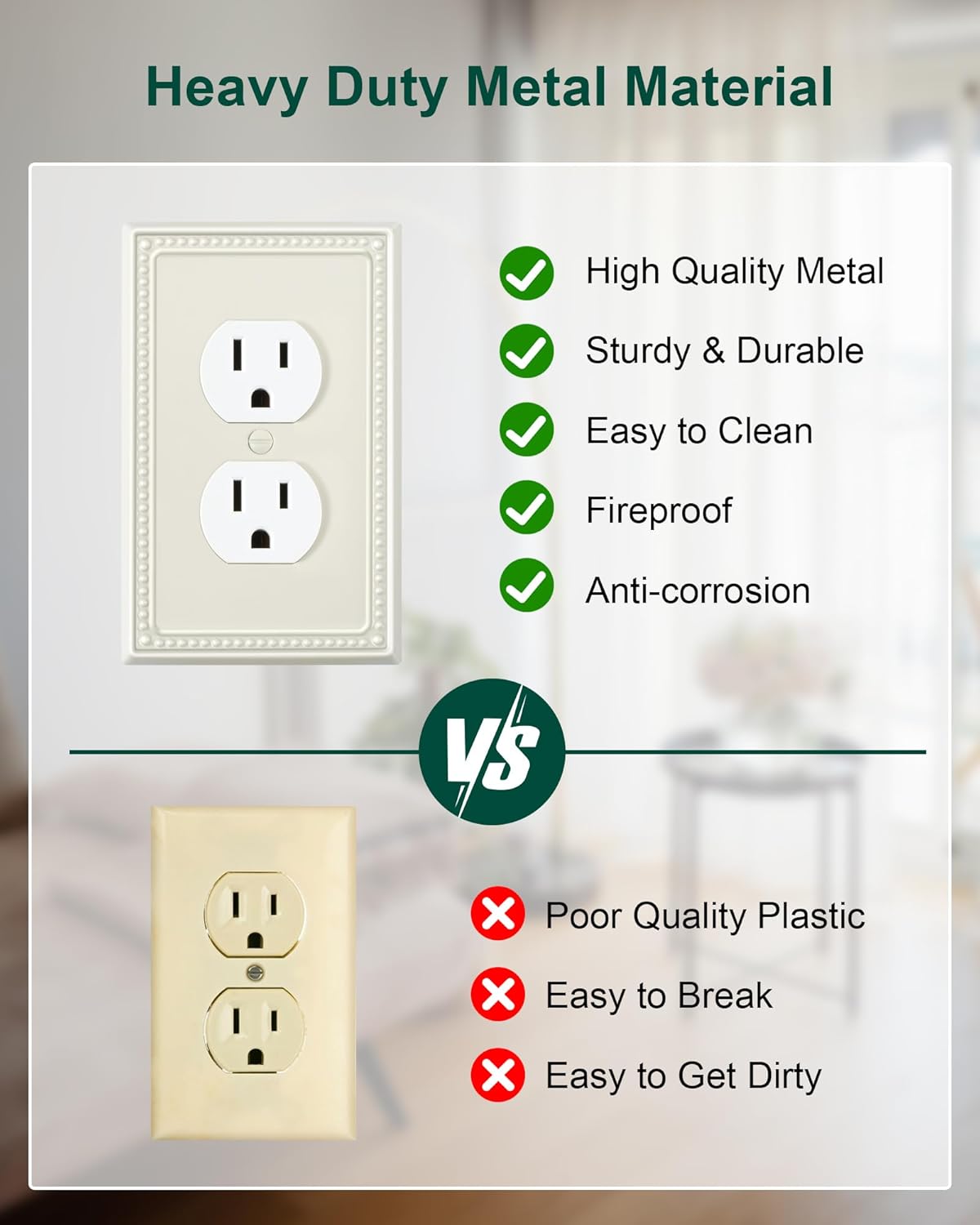 2-Pack Duplex Outlet Cover Plate, Light Almond Metal Wall Plates for Electrical Outlets, 1 Gang Receptacle Light Switch Cover, Pearls Decorative Switch Plates and Outlet Covers