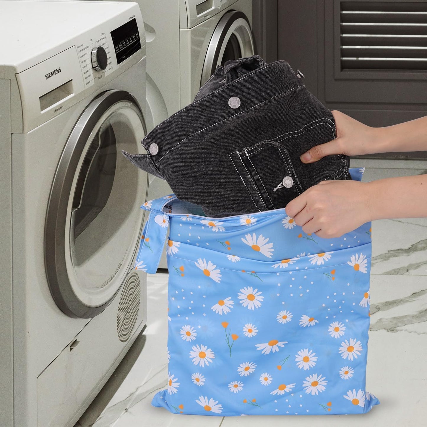 2pcs Travel Waterproof Laundry Bag, Cloth Diaper Wet Dry Bags with Handle & 2 Zipper Pockets, Reusable Washable Dirty Clothes Bag for Baby Adult Travelling Hanging, Bathing Beach Pool Daycare