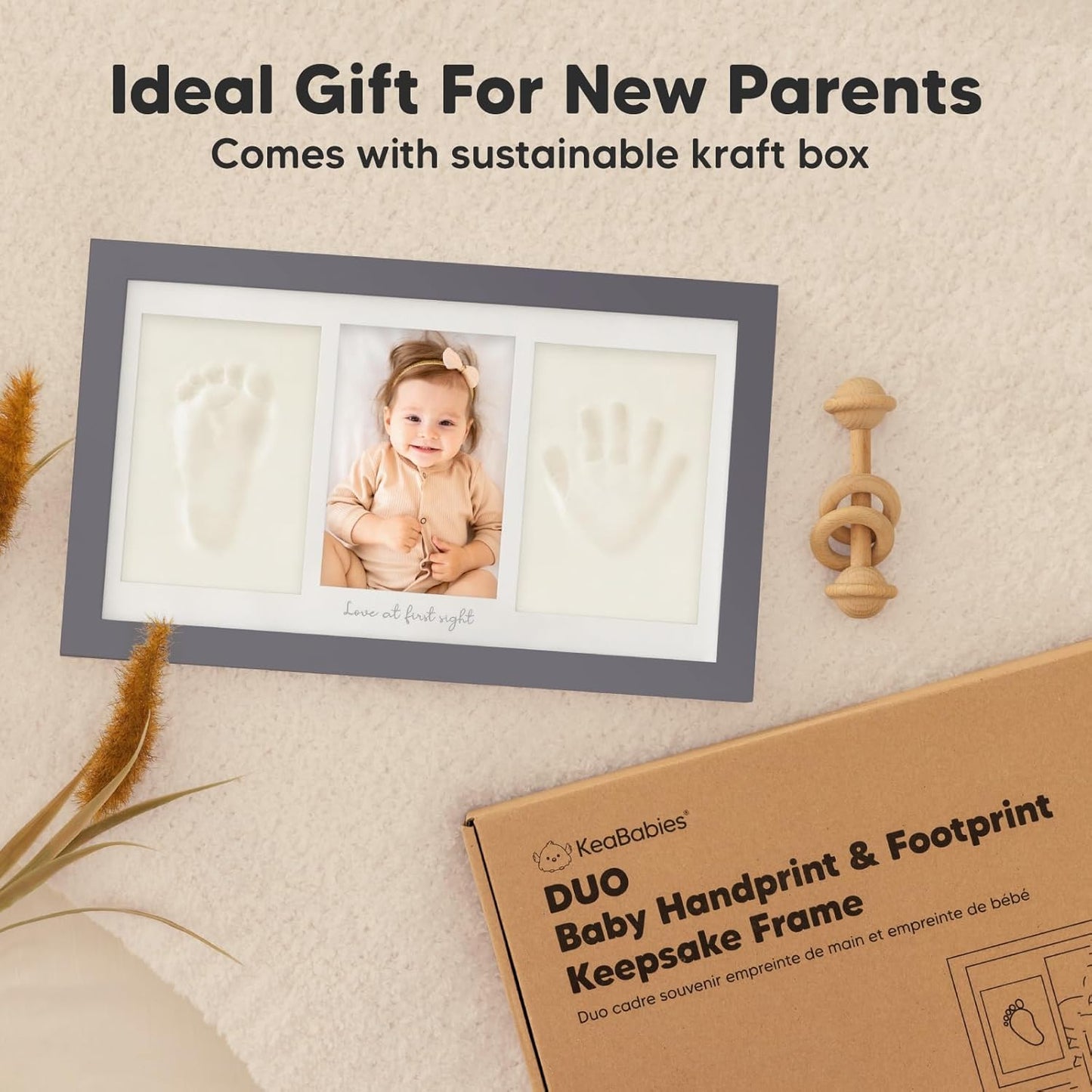 Baby Hand and Footprint Kit - Clay Handprint Keepsake Frame, Newborn Nursery Picture Frame, Personalized New Mom Gifts for Baby Shower & Registry (Gunmetal Gray)