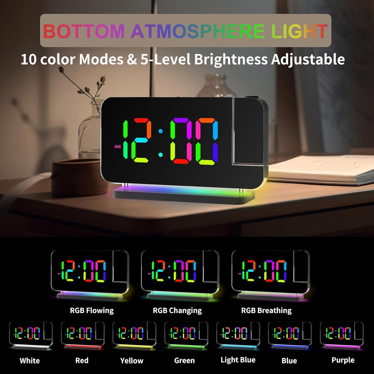 Projection Alarm Clock for Bedroom Ceiling,RGB Digital Clocks Radio with 10 Colors RGB Night Light,Loud Alarm Clock for Heavy Sleepers,USB C Charger Port,Snooze,12/24H,Auto Dimming