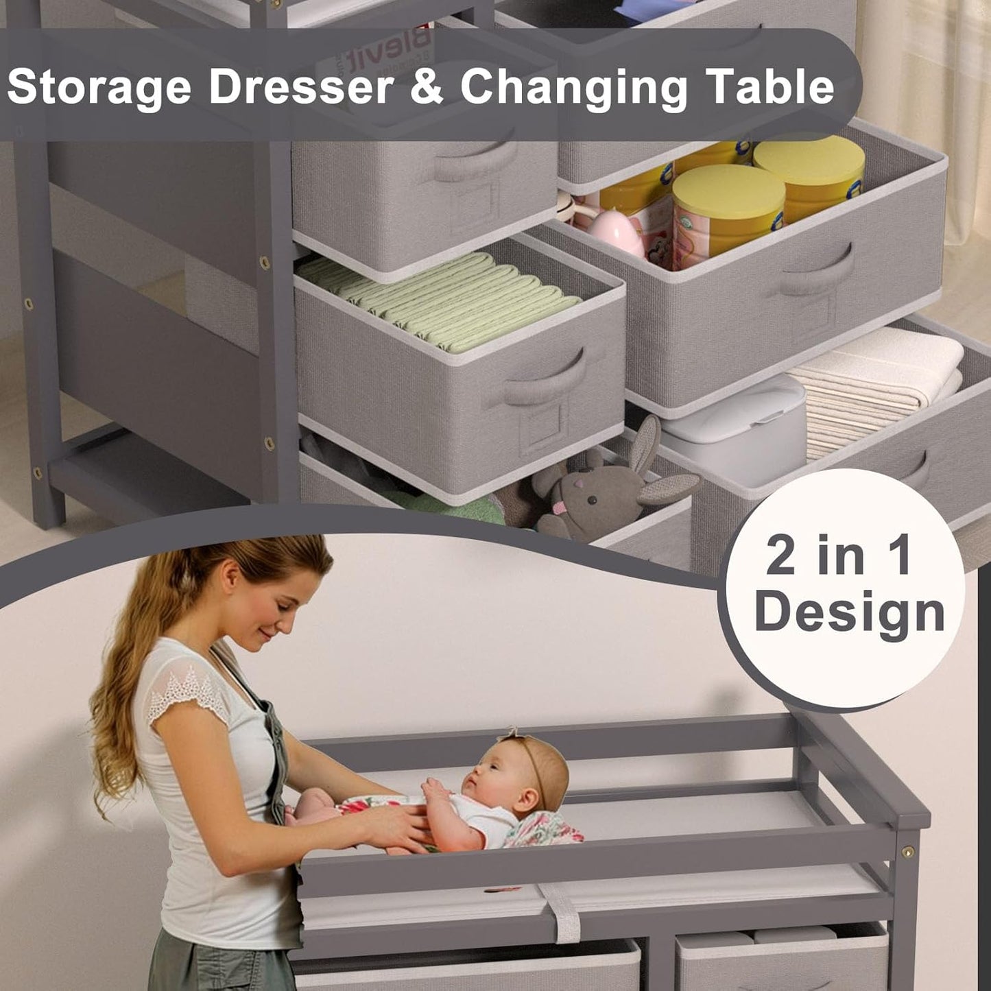 YUFU Baby Changing Table, Diaper Changing Station with 6 Storage Drawers and Changing Pad, Changing Table Dresser, Gray
