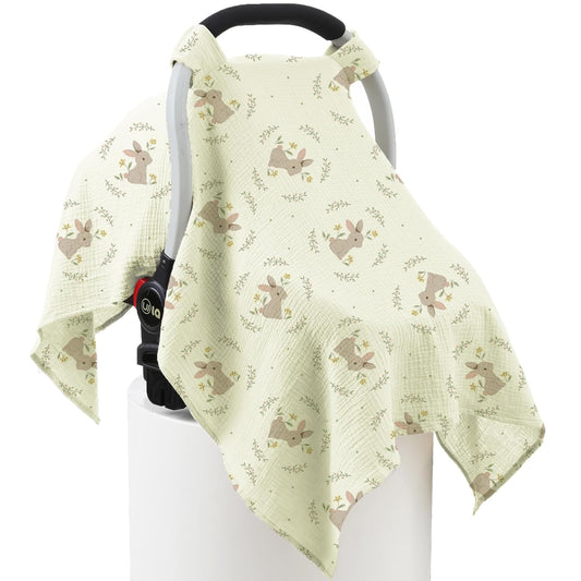100% Muslin Cotton Car Seat Cover Baby, Carseat Canopy Cover, Universal Fit Stroller Covers for Boys and Girls (Cute Rabbit)