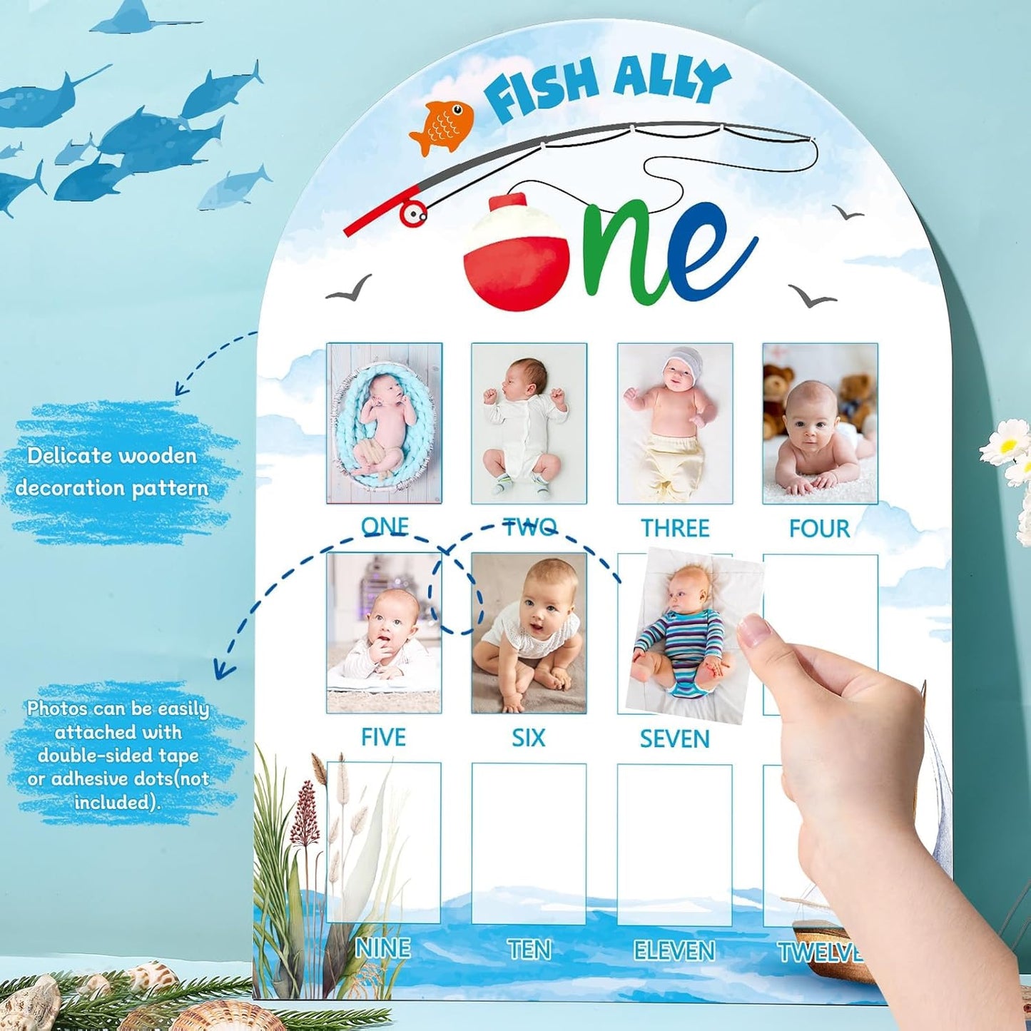 Ofishally One First Year Photo Board The Big One Fishing Birthday Decorations 12 Monthly Milestone Wood Picture Frame 1st Birthday Photo Banner for Baby Boys Keepsake Gift Gone Fishing Party Supply