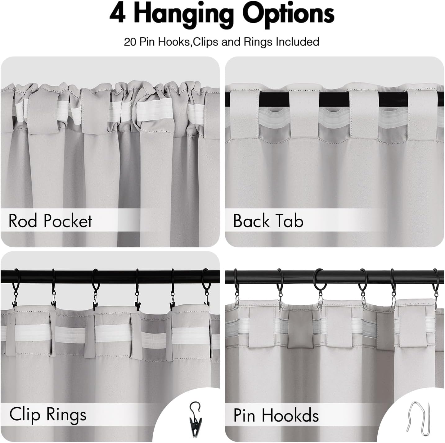 ANRODUO Back Tab Blackout Curtains for Bedroom Living Room, Rod Pocket Pinch Pleated Thermal Insulated Room Darkening Curtains 90 Inches Long 2 Panels, Greyish White, 42 x 90 Inch