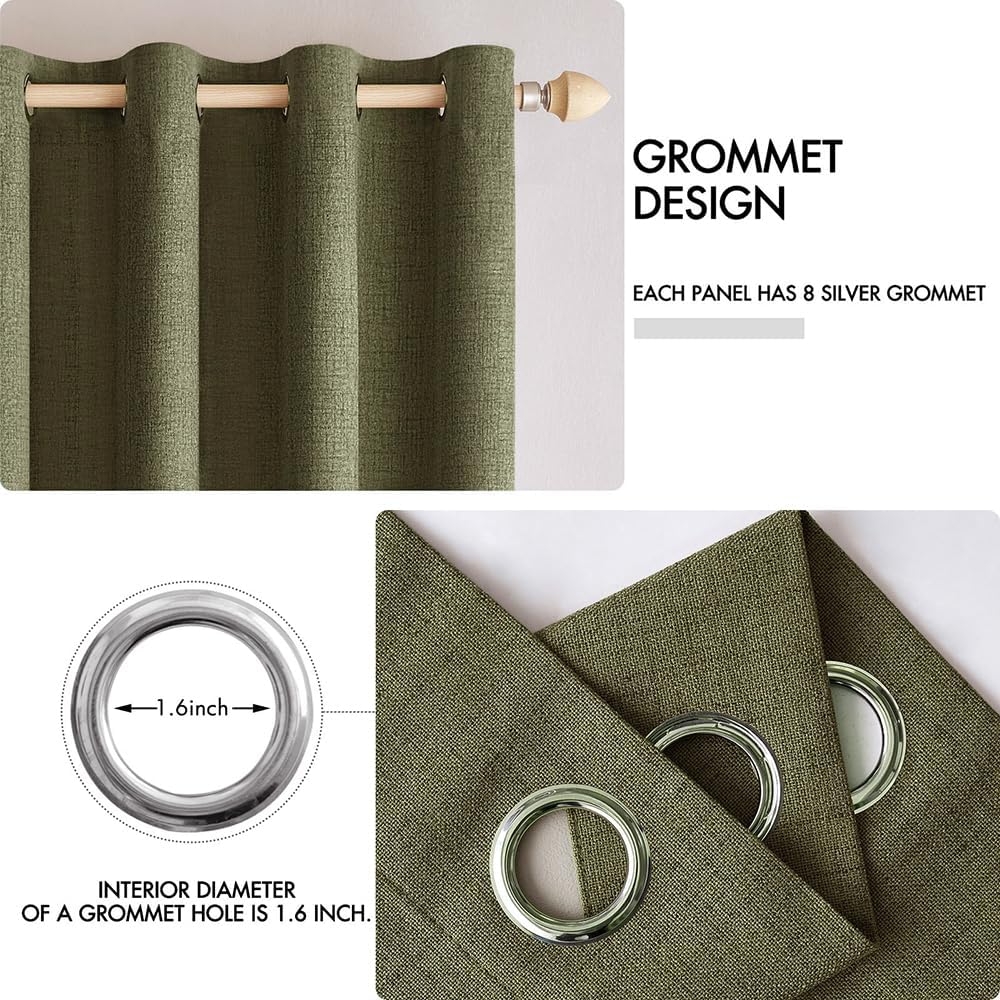 MIULEE Linen Texture Curtains for Bedroom Solid 100% Blackout Thermal Insulated Light Olive Green Curtains Grommet Room Darkening Drapes for Living Room Nursery 52x54 Inch (2 Panels)