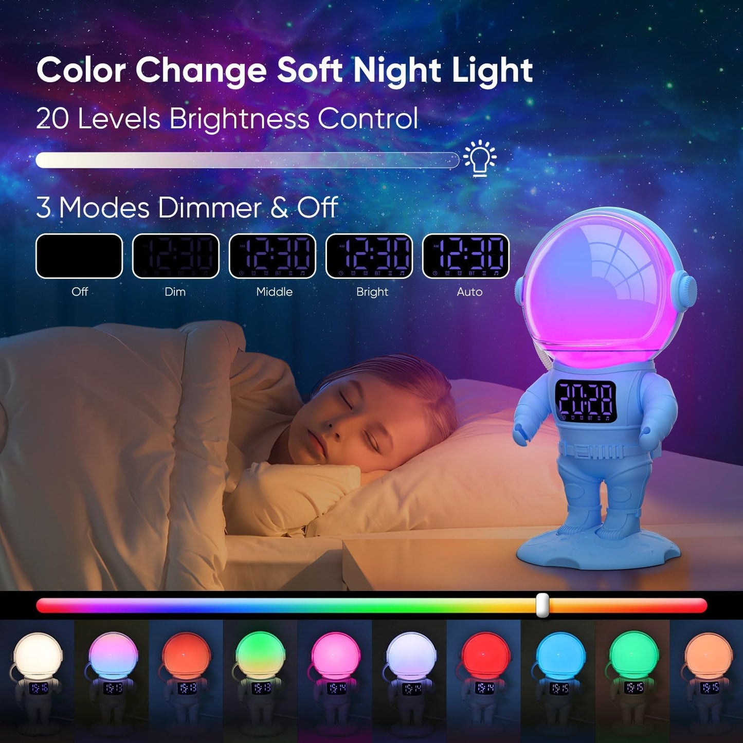 Astronaut Sunrise Alarm Clock for Kids, White Noise Sound Machine with 30 Soothing Sounds, 22 Dimmable Nightlights, Bluetooth Speaker, Dual Digital Alarm Clocks, Wake Up Light for Bedroom, Adults