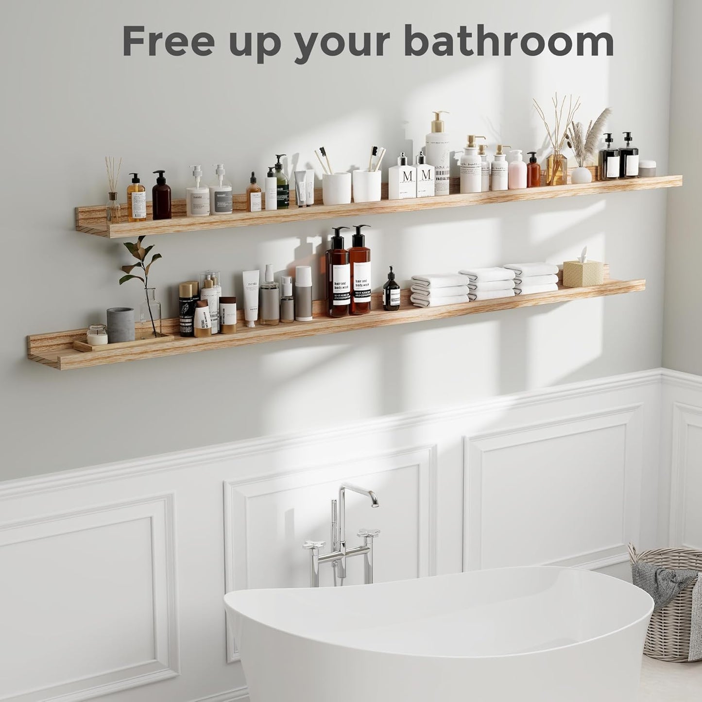 Fun Memories 72 Inch Floating Shelves for Wall with Lip, Natural Wood Long Picture Shelves Photo Shelf with Ledge, Rustic Wall Mounted Long Shelves for Home Decor & Storage, Set of 2