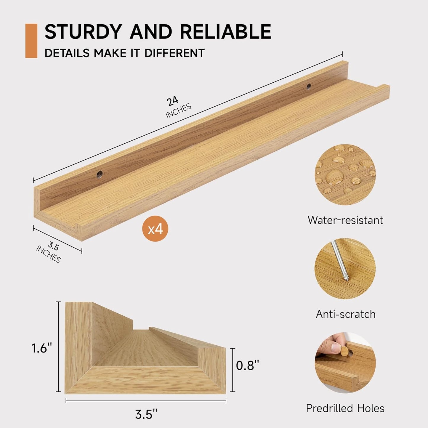 Picture Ledge Shelf for Wall, Floating Shelves Set of 4, 24 Inch Long Nursery Book Shelves for Toys Storage, Kids Bookshelf Wall Mounted for Books Photo Frames, Oak