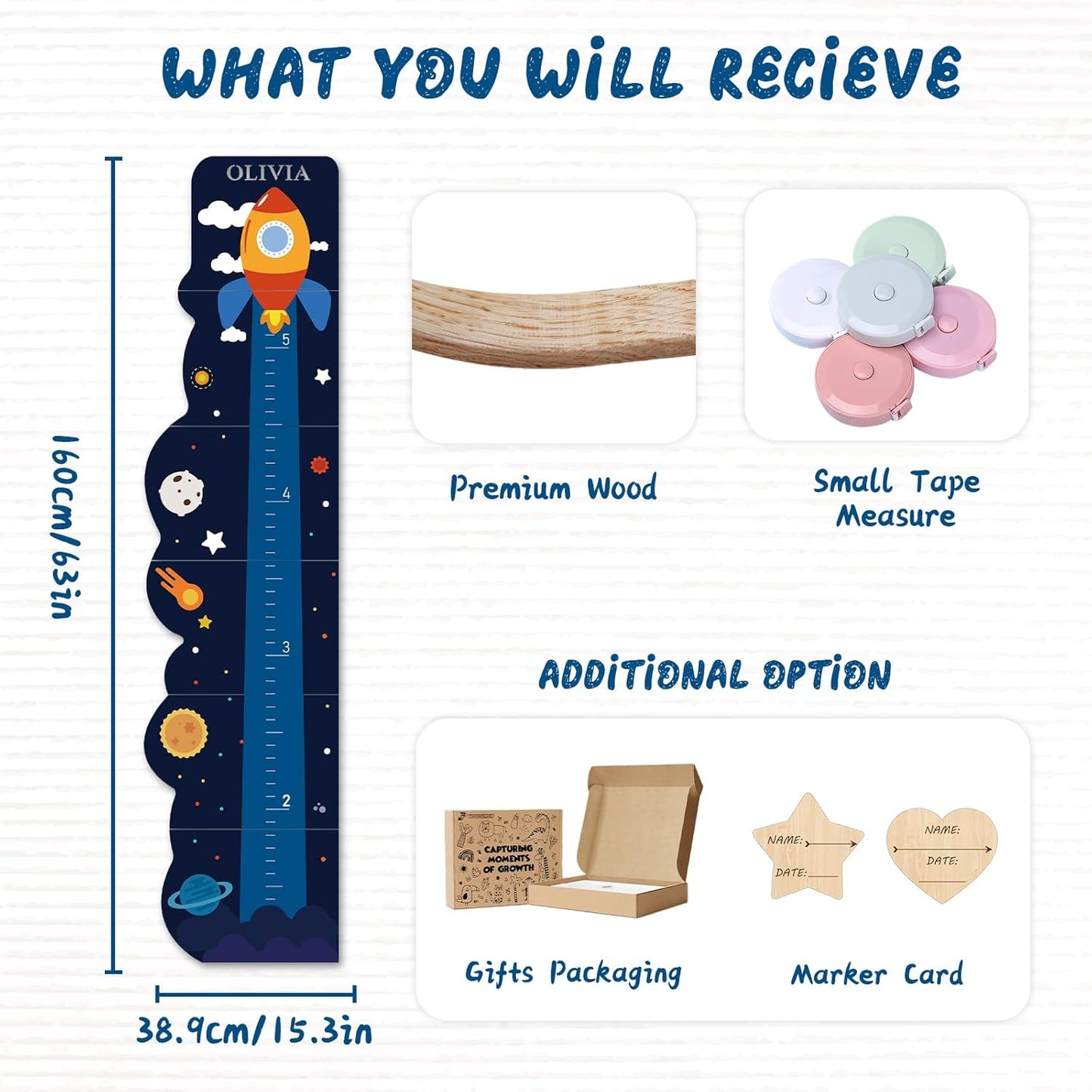 Personalized Name Rocket Wood Growth Chart for Kids – Wall Height Measurement Ruler, Toddler Playroom Decor 63" x 15.3"