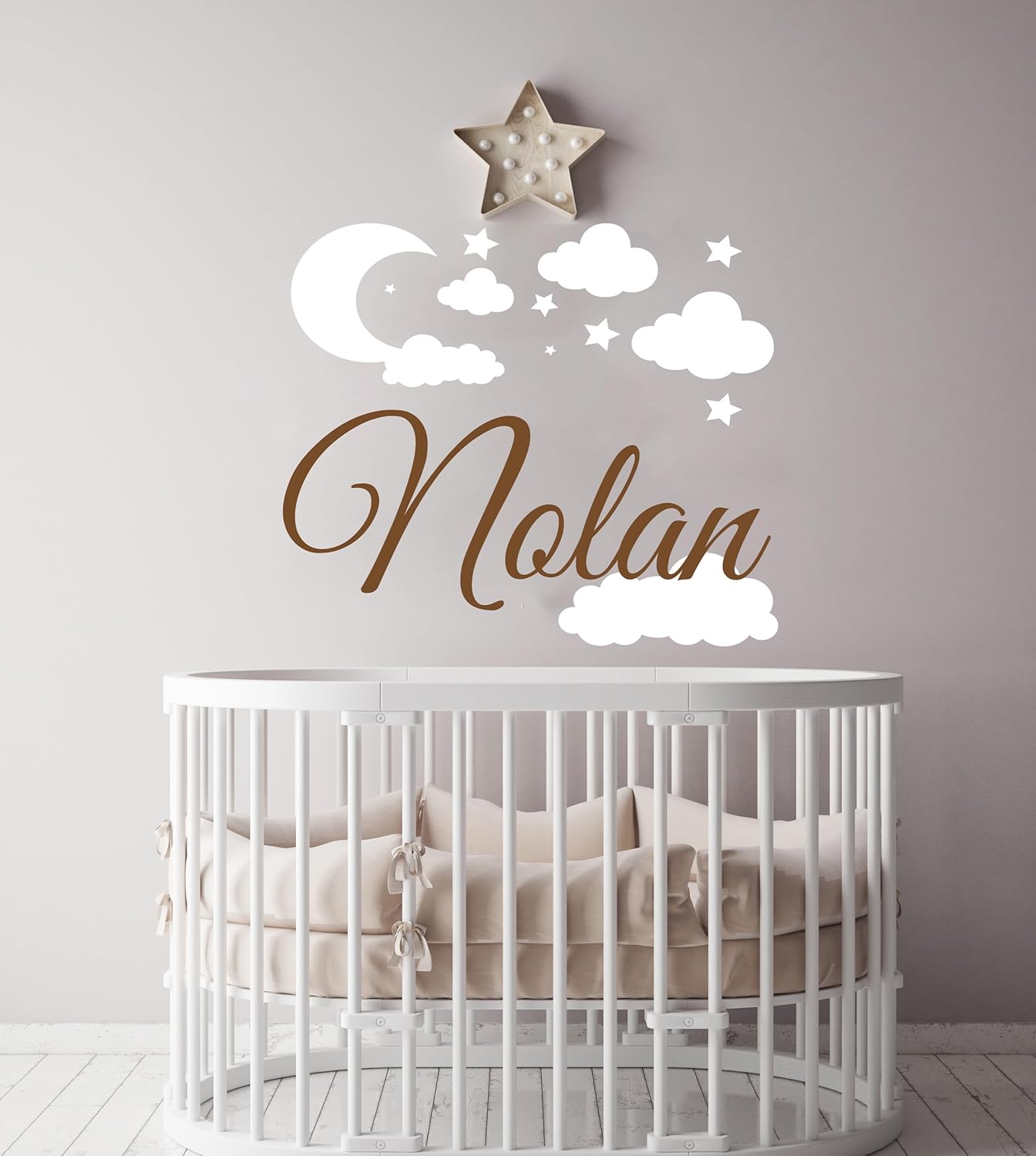 Custom Name with Moon Clouds and Stars - Nursery Baby Name Wall Art - Wall Decal for Nursery Bedroom playroom Decoration (Wide 20x20inch Height)