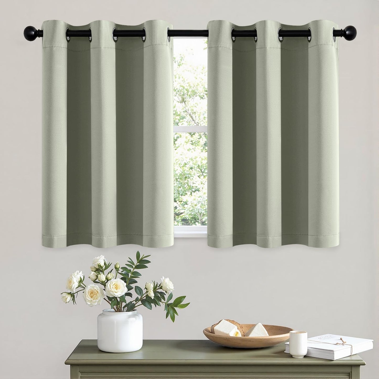 MIULEE Short Curtains for Windows - Sage Green Blackout Half Window Curtains Thermal Insulated Privacy Drapes for Kitchen Bedroom Bathroom Grommet Top Small Basement Tiers W40 x L36 Inch 2 Panels
