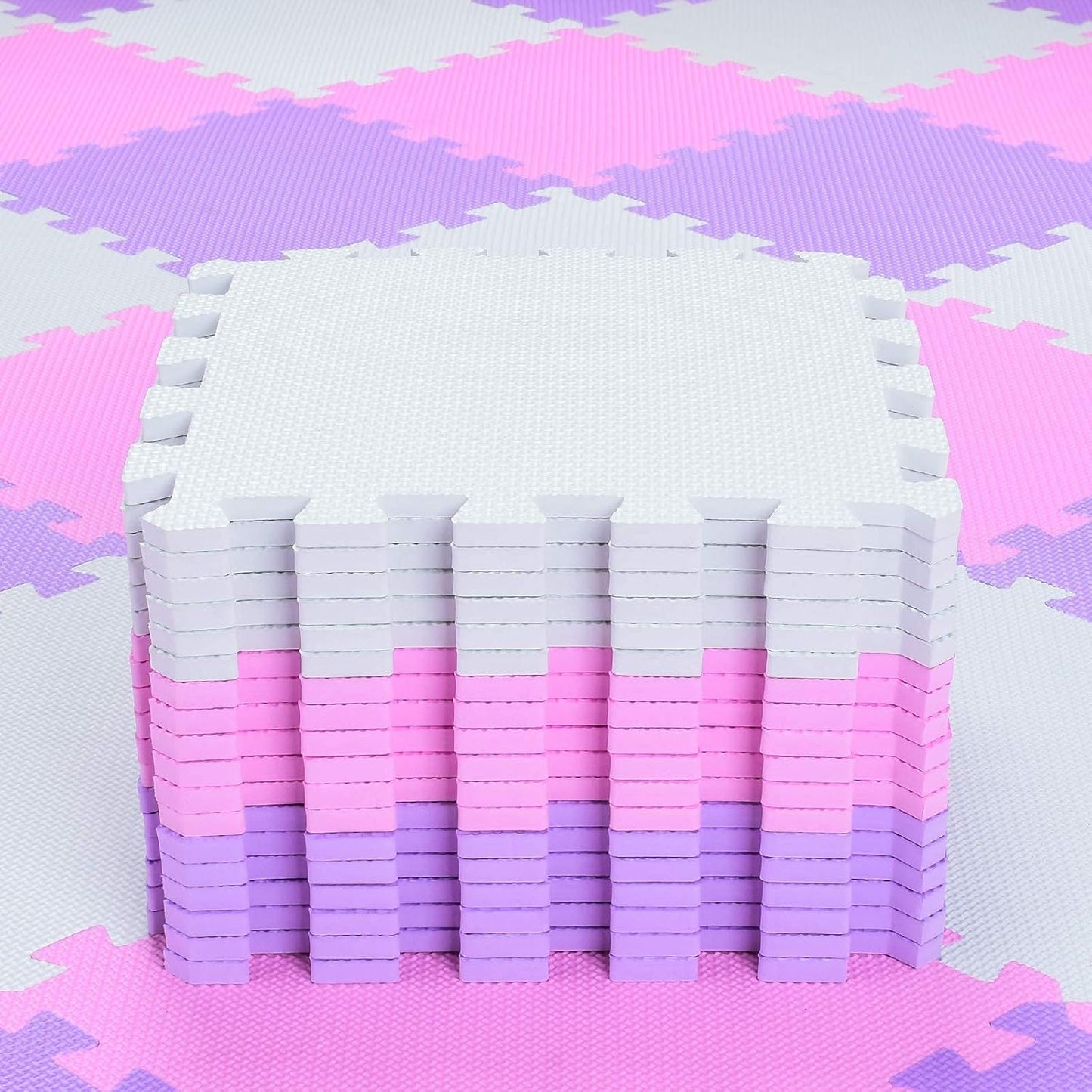 qqpp EVA Rubber 18 Tiles Interlocking Puzzle Foam Floor Mats - Baby Play Mat for Playing | Exercise Mat for Home Workout. White, Pink, Purple. QC-ACKb18N