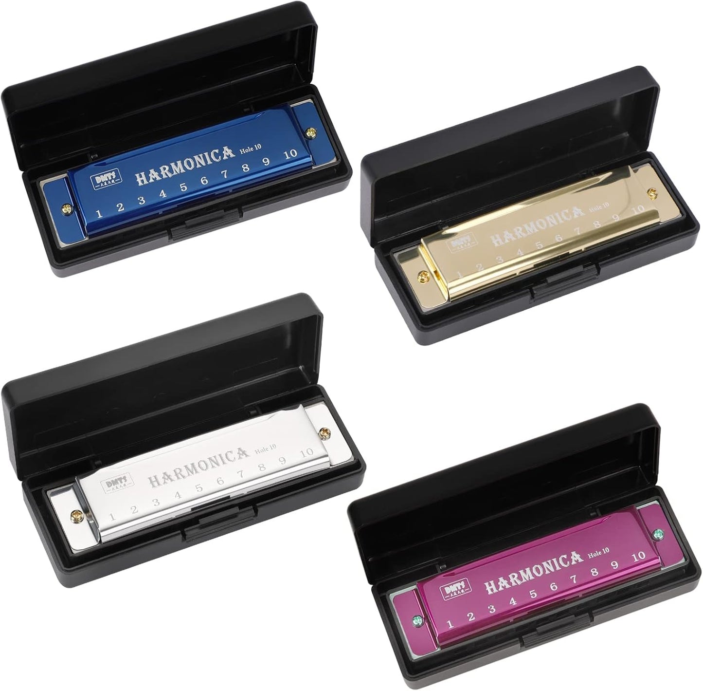 UPINS Harmonica, 4PCS Key of C 10 Hole 10 Tones Titanium Color Harmonica with Case for Beginner Students(Gold, Silver, Pink, Blue)