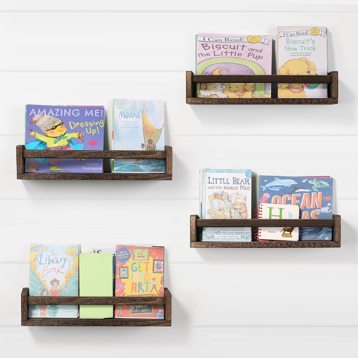 Nursery Room Shelves Set of 4, Wood Floating Book Shelves for Kids Room, Baby Book Shelf for Nursery, Kitchen Spice Rack (Carbonized Brown)