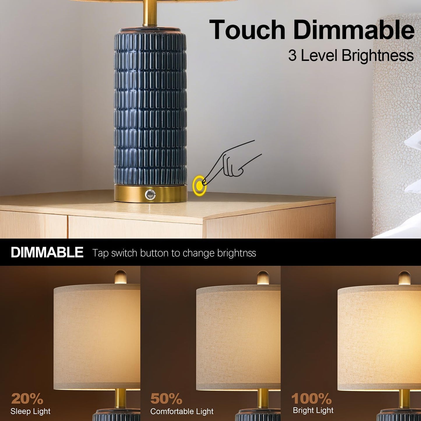 PoKat Touch Bedside Table Lamps with USB Ports for Bedroom, 25'' Dimmable Nightstand Touch Lamps for Living Room, Blue Ceramic Lamps with Gold Base for Night Stands Bedroom, Nursery, Dark Blue