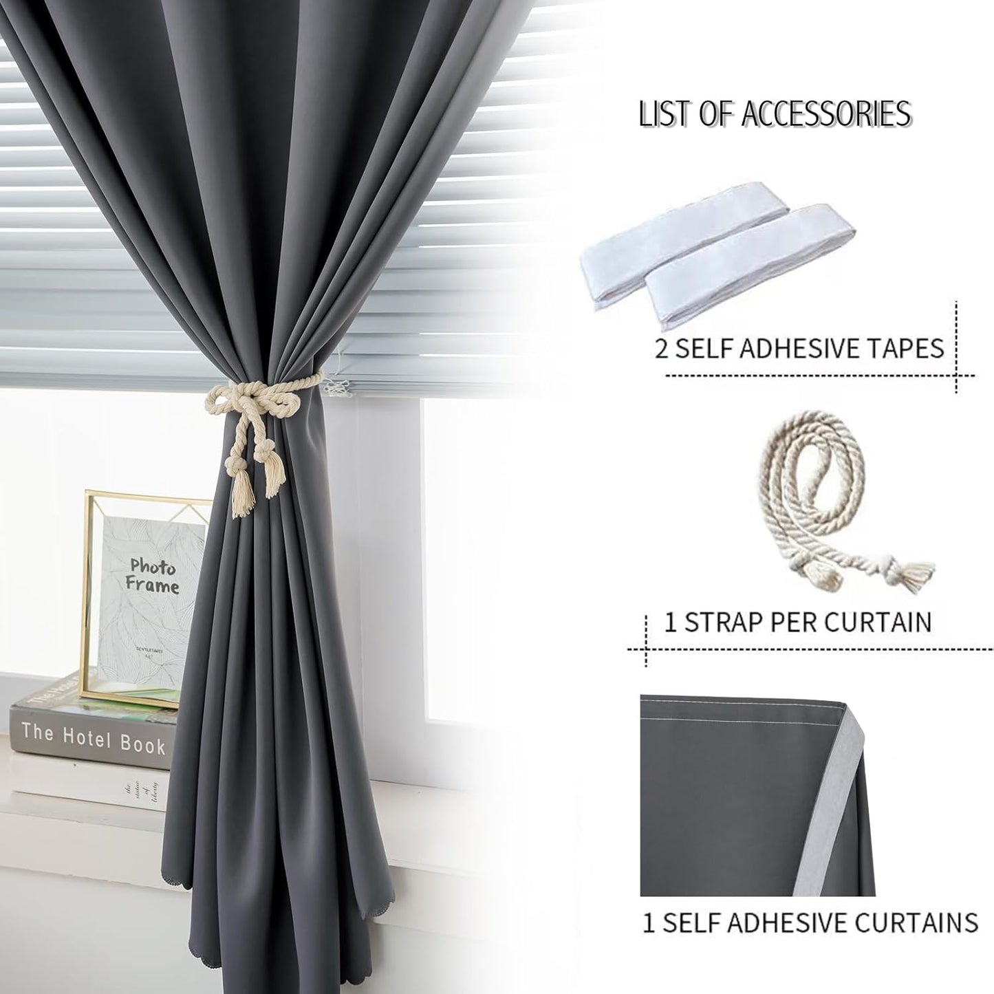 Magic Tape Stick On Curtains Window Shades Pull Down Blackout Window Cover Blackout Curtains for Bedroom No Drillng Self Adhesive Curtains No Rod, 35" W X 59" L, Grey, 1 Panel