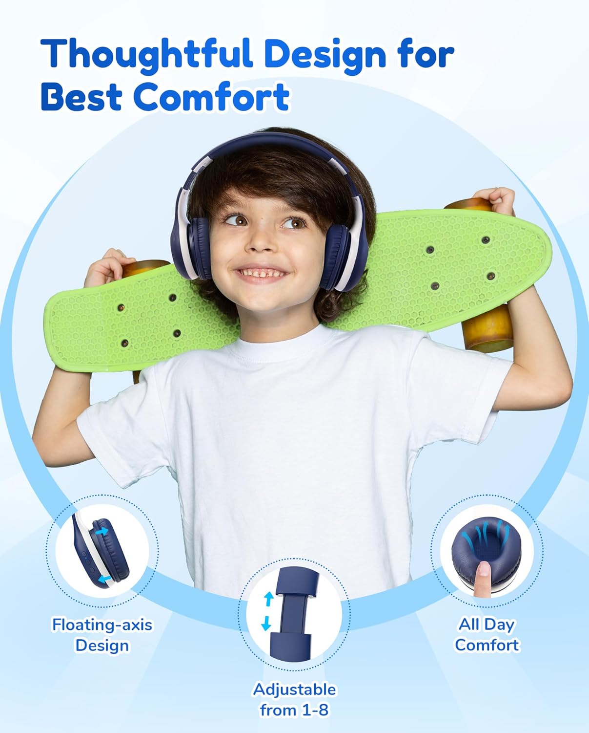 EarFun K2 Kids Bluetooth Headphones, Kids Headphones with Volume Limited, 40H Playtime, Built-in Mic, Stereo Sound, Foldable Over-Ear Headphone for School/Travel/iPad/Tablet, Blue