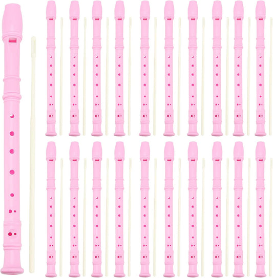 20 Pack 8 Hole Recorder Instrument Pink, Descant Soprano Recorder Bulk Recorder Musical Instruments with Cleaning Rod for Beginners