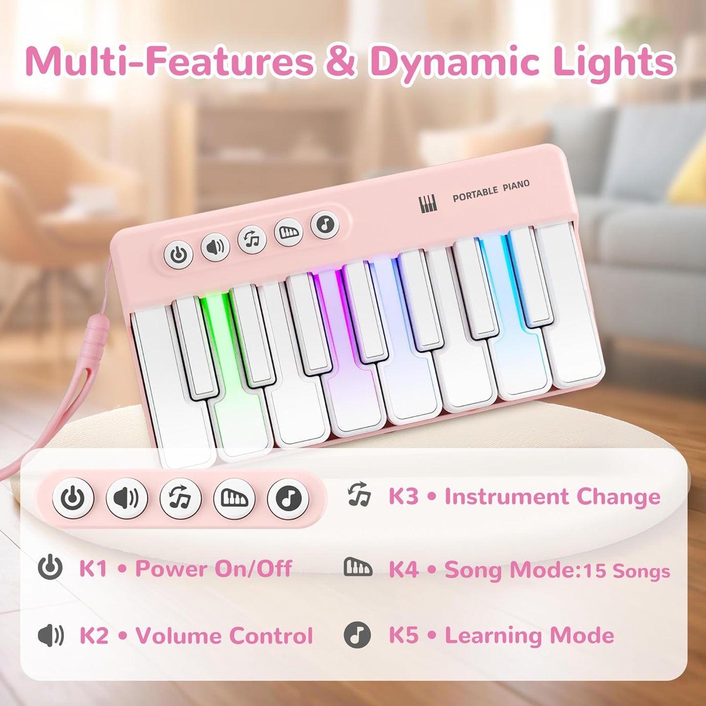 iPlay, iLearn Kids Mini Piano Toy W/Rainbow Lights, Portable Travel Piano Keyboard Toddlers Musical Instrument Learning Toys, Music Interactive Birthday Gift for 2 3 4 5 6 Year Old Girls Children