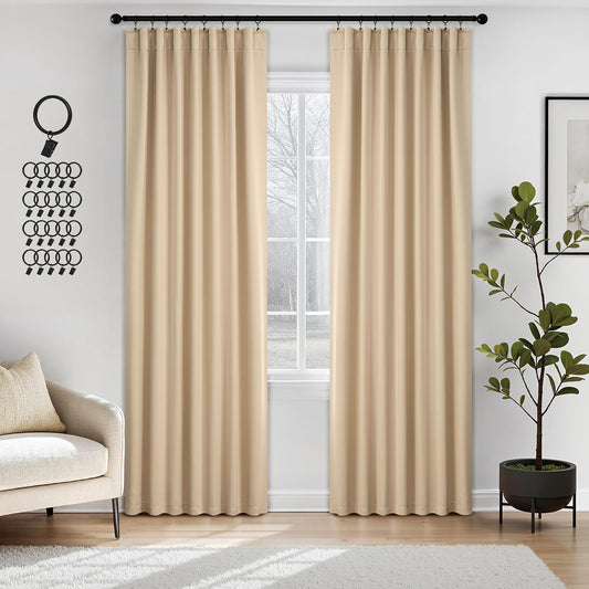 ANRODUO Back Tab Blackout Curtains for Bedroom Living Room, Rod Pocket Pinch Pleated Thermal Insulated Room Darkening Curtains 84 Inches Long 2 Panels, Beige, 42 x 84 Inch