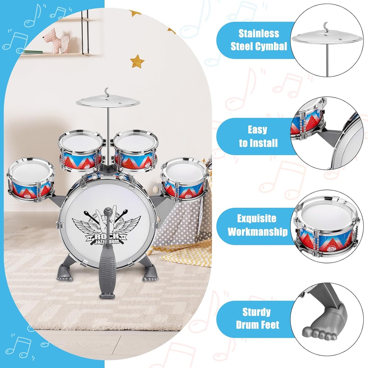 Toddler Drum Set Kids Jazz Drum Kit with Stool Musical Instruments Toys Birthday Chirstmas Easter Gifts for Boys Girls Aged 3 4 5 Year Old