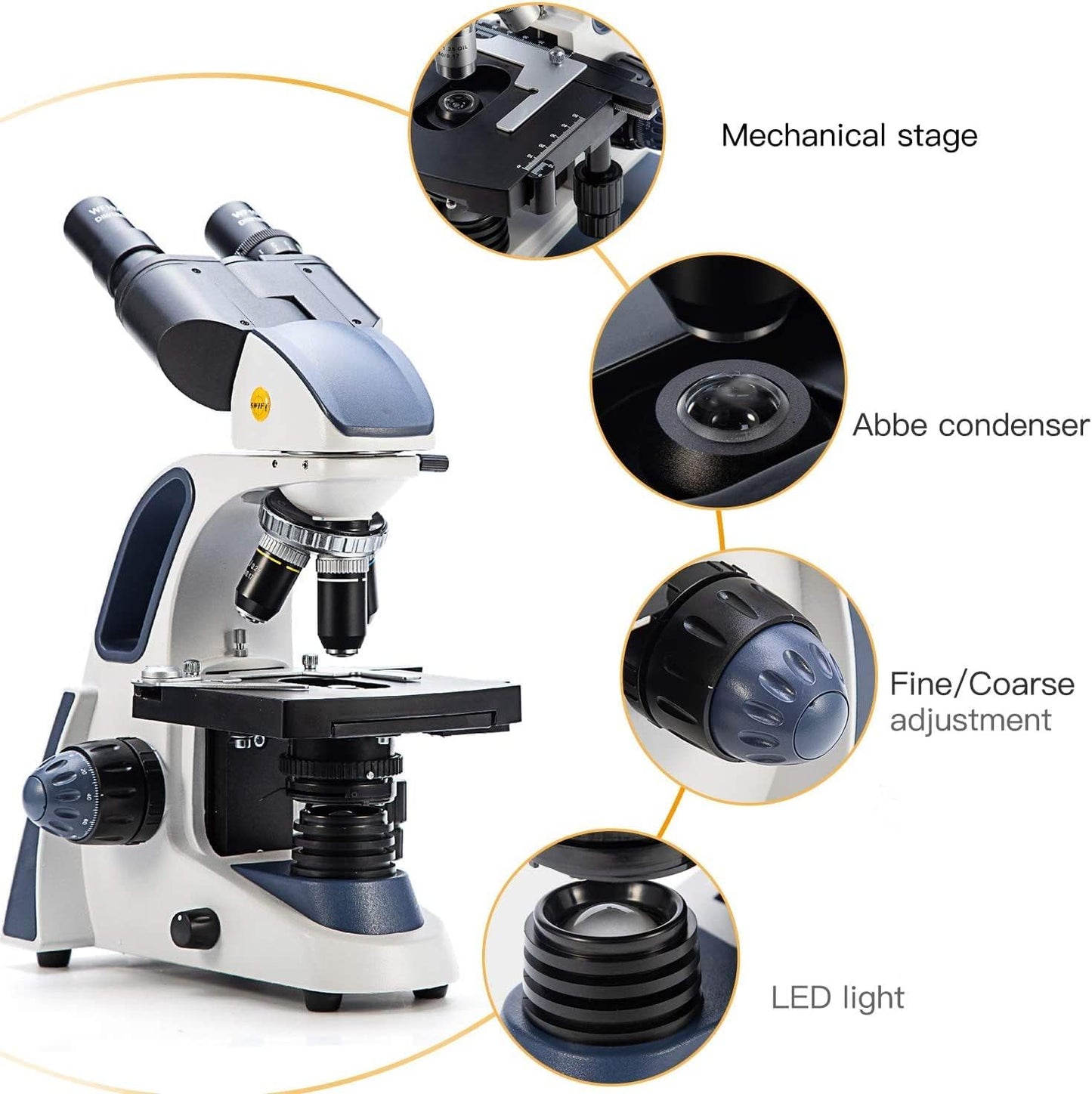 SWIFT SW380B 40X-2500X Magnification, Siedentopf Head, Research-Grade Binocular Compound Lab Microscope with Wide-Field 10X and 25X Eyepieces, Mechanical Stage, Ultra-Precise Focusing