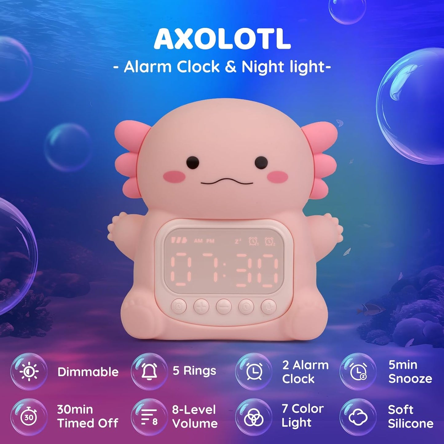 Axolotl Alarm Clock with Night Light for Kids, Rechargeable Silicone Lamp Time to Wake Clock，Cute Animal Tabletop Lamp, Perfect Sleep Companion for Boys Girls