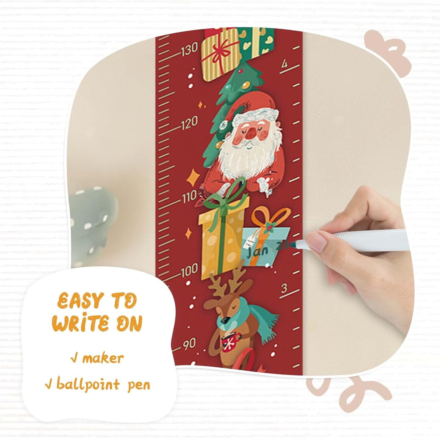 Personalize Name Baby Height Growth Chart, Christmas Theme Canvas&Wood Growth Chart for Wall Room Nursery Decor, Waterproof Measuring Wall Ruler, Wall Tape with Height Chart for Kids