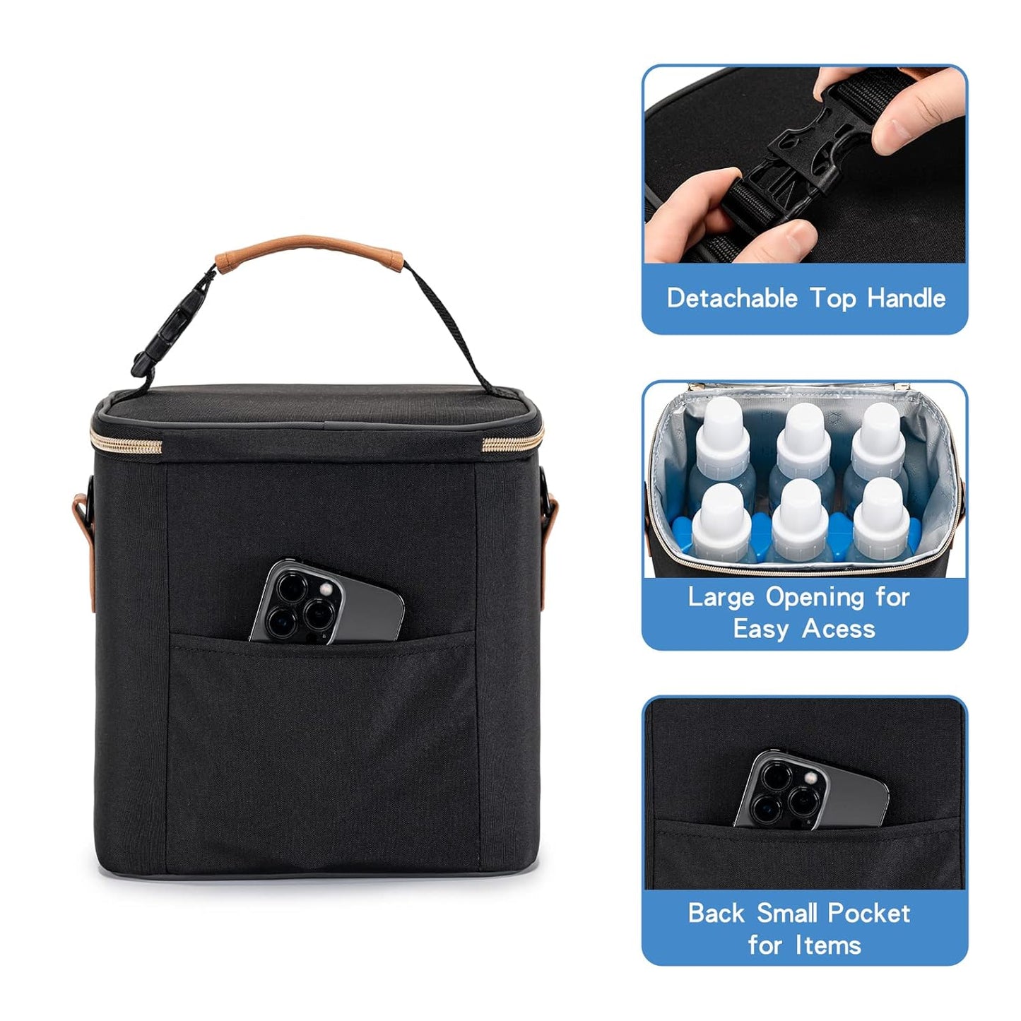 Breastmilk Cooler Bag with Ice Pack Fits 6 Baby Bottles Up to 9 Ounce, Baby Bottle Bag with Shoulder Strap for Nursing Mom Daycare, Black