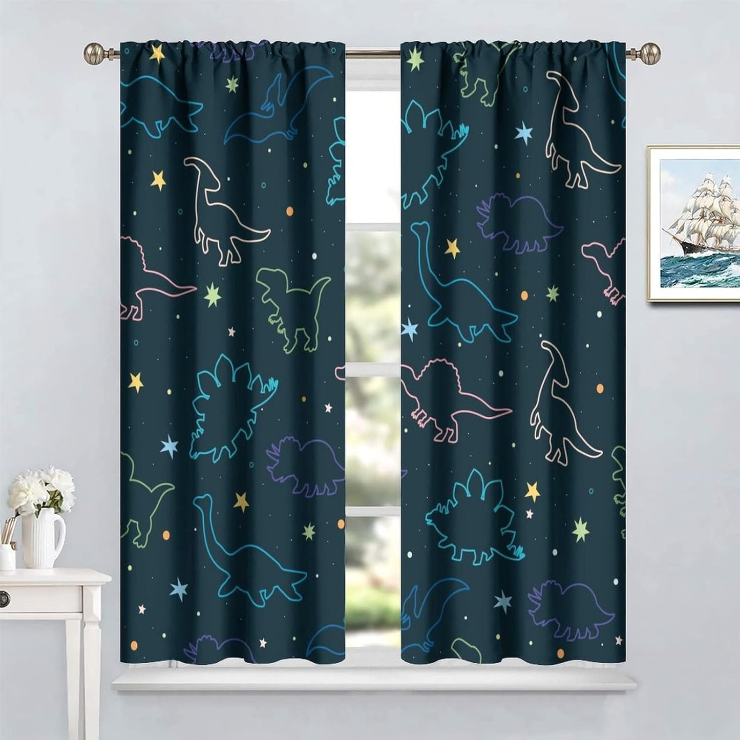 Cartoon Colorful Dinosaur Curtains for Kids Boys Girls Home Decor, Astronaut Funny Outer Space Star Blackout Rod Pocket Window Drapes for Bedroom Living Room W31.5xL72in 2 Panels