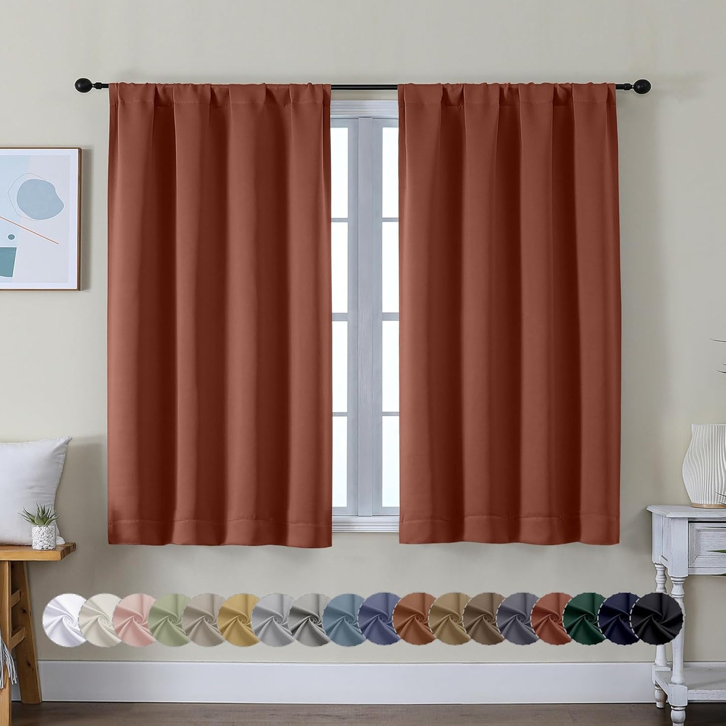 Simplebrand Ava Terracotta Short Blackout Curtains for Bedroom 45 Inches Long 2 Panels Set, Solid Thermal Insulated, Energy Saving Window Treatment Curtains Blackout Drapes, W40 x L45 Inch, Terracotta