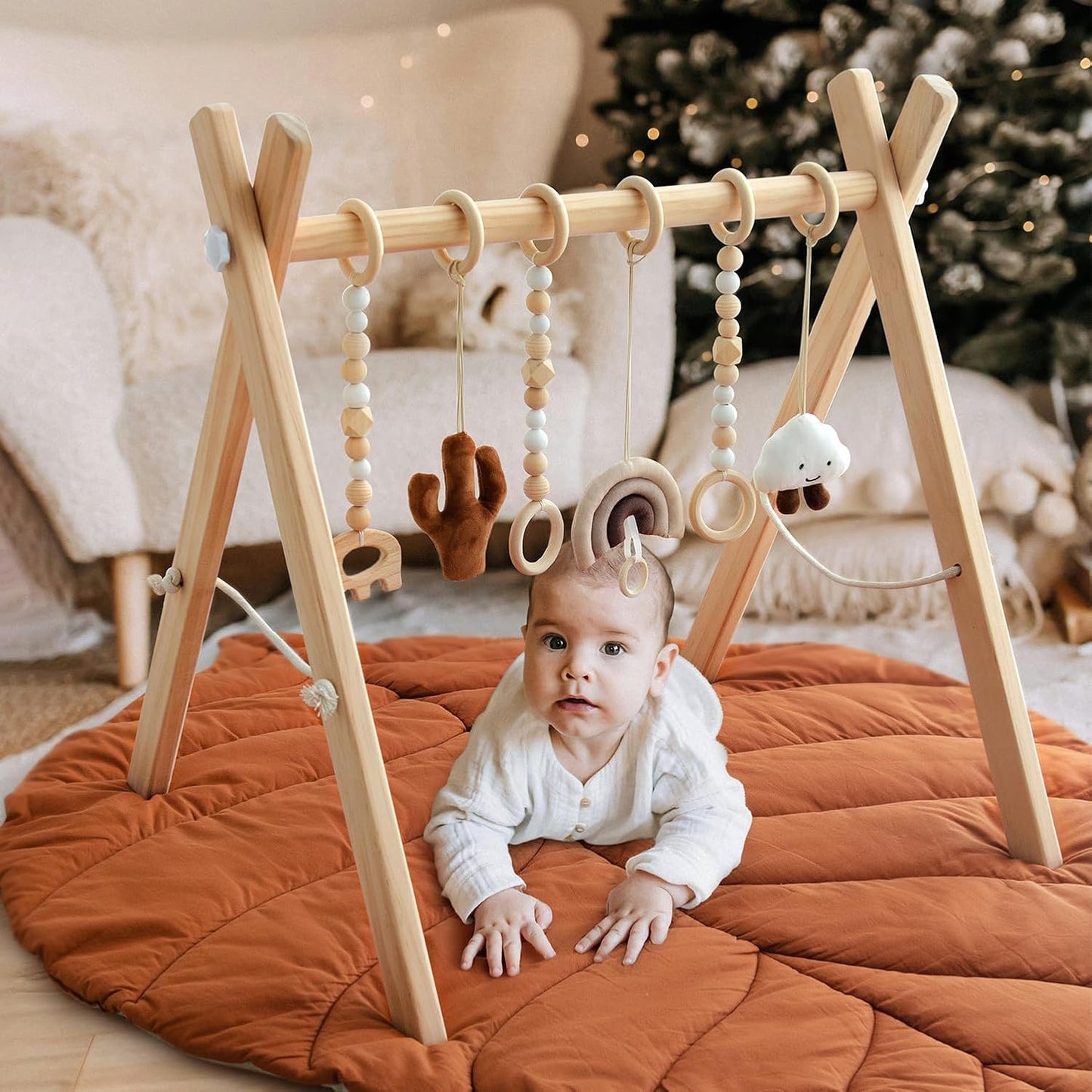 Razee Wooden Baby Play Gym Activity Mat, Leaf Shaped Play Mat Baby Gym with 6 Hanging Sensory Toys Foldable Baby Gym Newborn Infant Baby Use