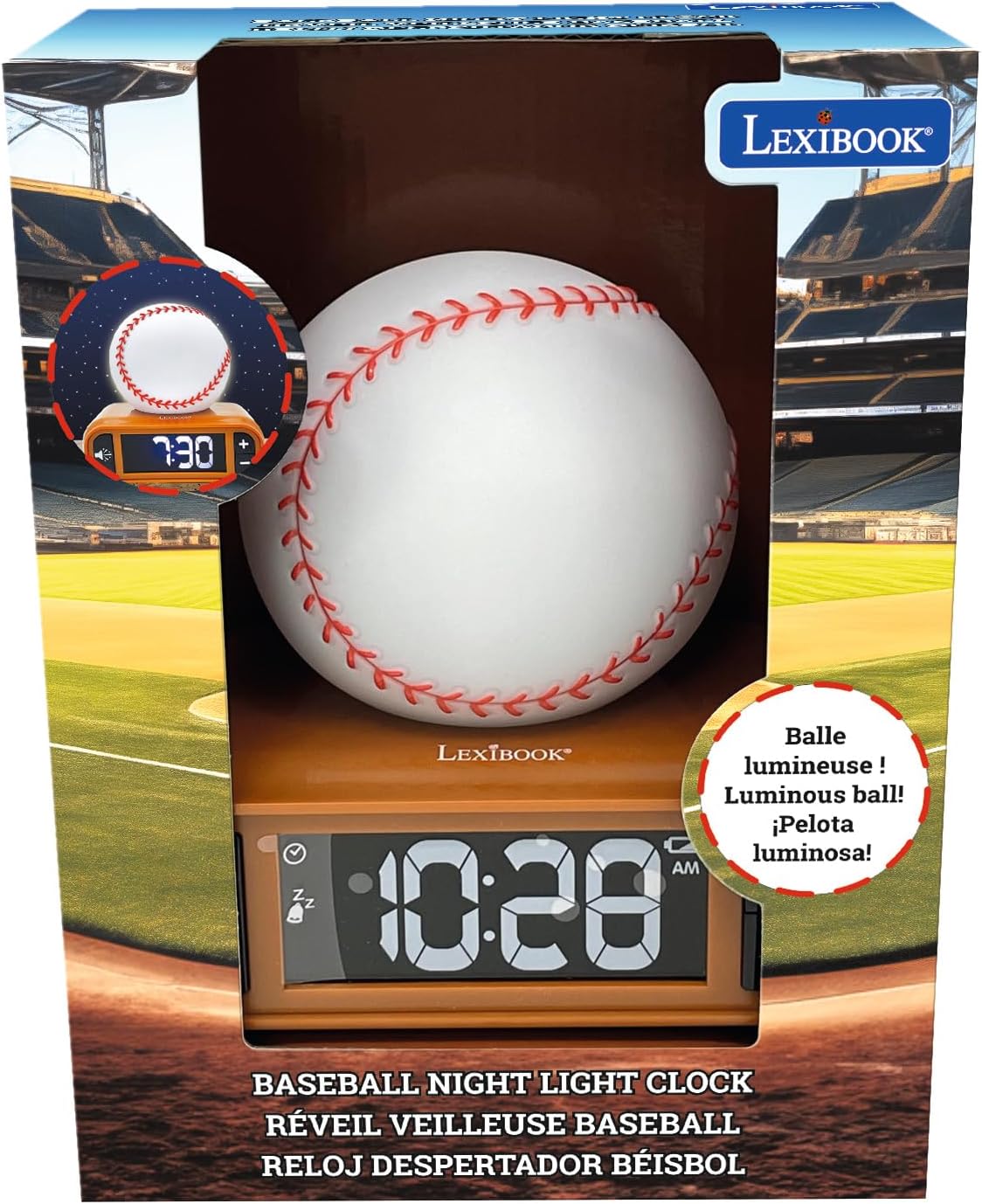LEXiBOOK, Baseball - Baseball Nightlight Alarm Clock, Sounds and Melodies, LCD Backlit Screen, Luminous, Snooze, Brown/White, RL800BL