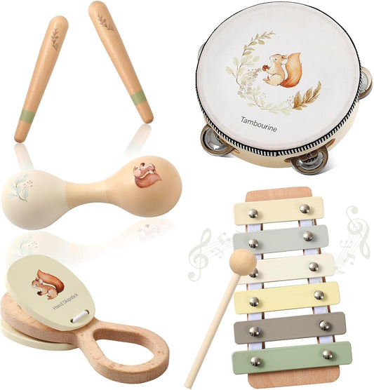 Baby Wooden Montessori Musical Instruments Set for Toddlers - Neutral Colors Percussion Set With Modern Boho Xylophone Tambourine - Educational Toys for Preschool Kids