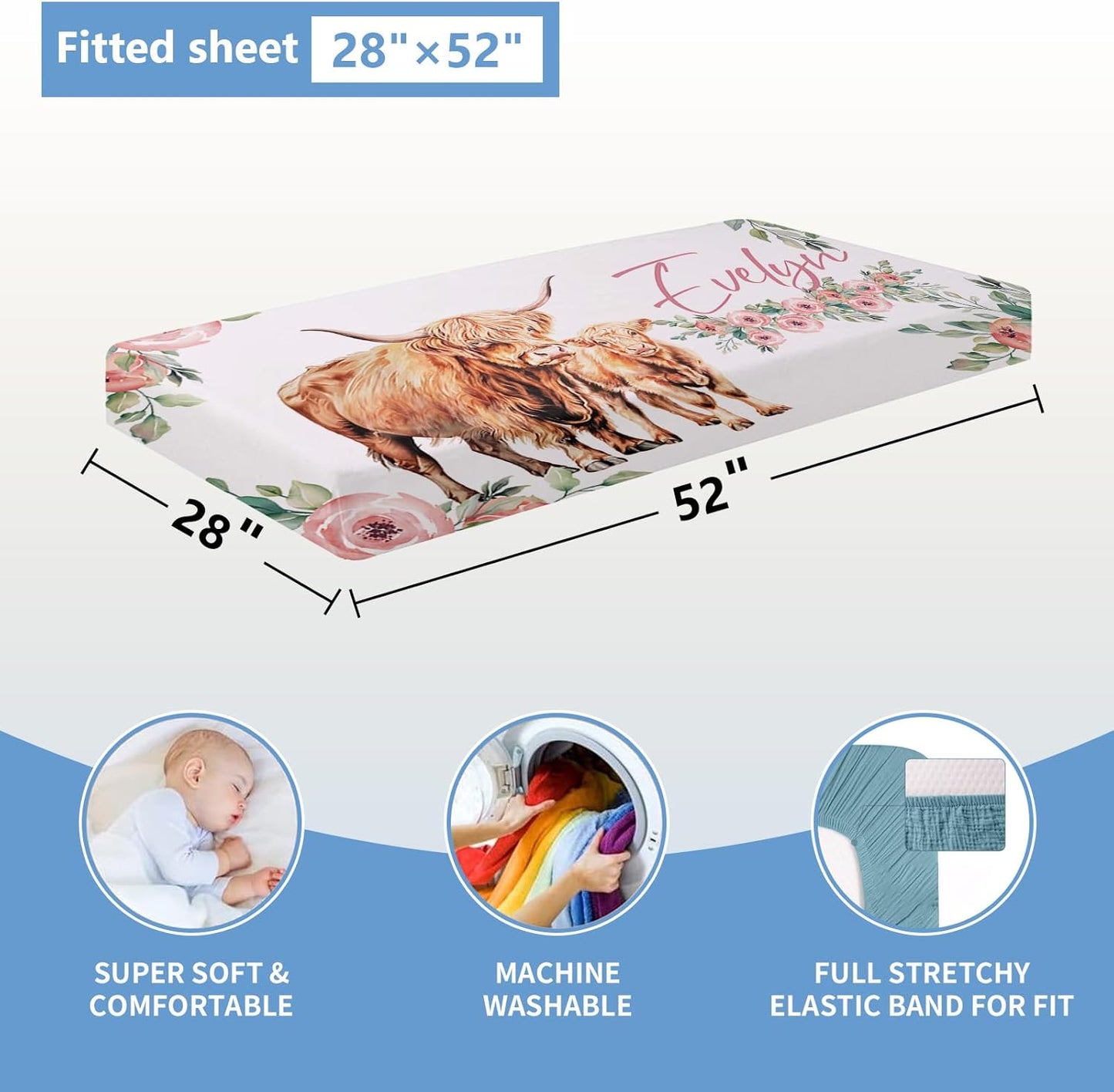 Personalized Nursery Bedding - 5 Pcs Custom Baby Crib Set with Name, Double Layer Crib Bedding for Girls, Cows and Flowers Theme