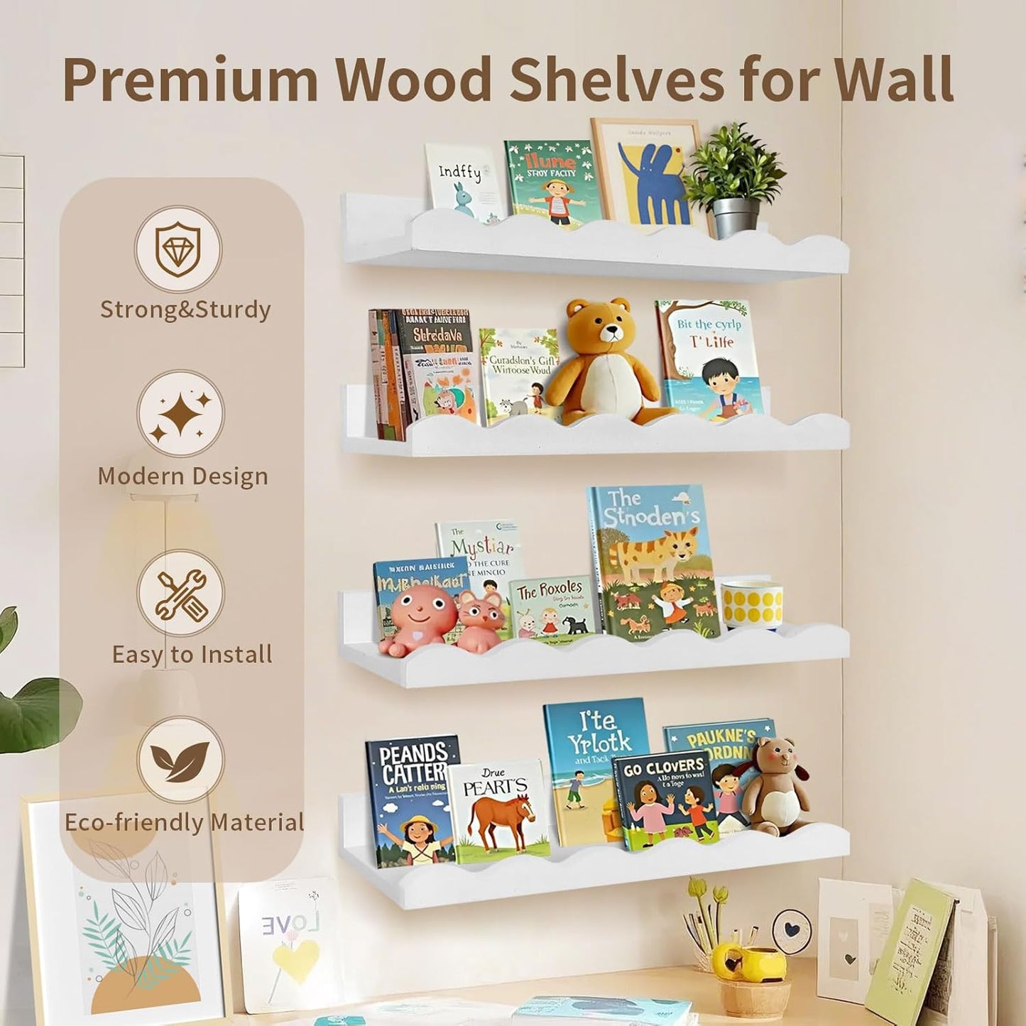 Nursery Book Shelves, 4 Pack White Floating Shelves for Wall, Wood Scalloped Shelves for Storage Books, Wall Book Shelf for Kids Rooms, Bedroom, Toddler Room, Baby Room, Nursery Decor